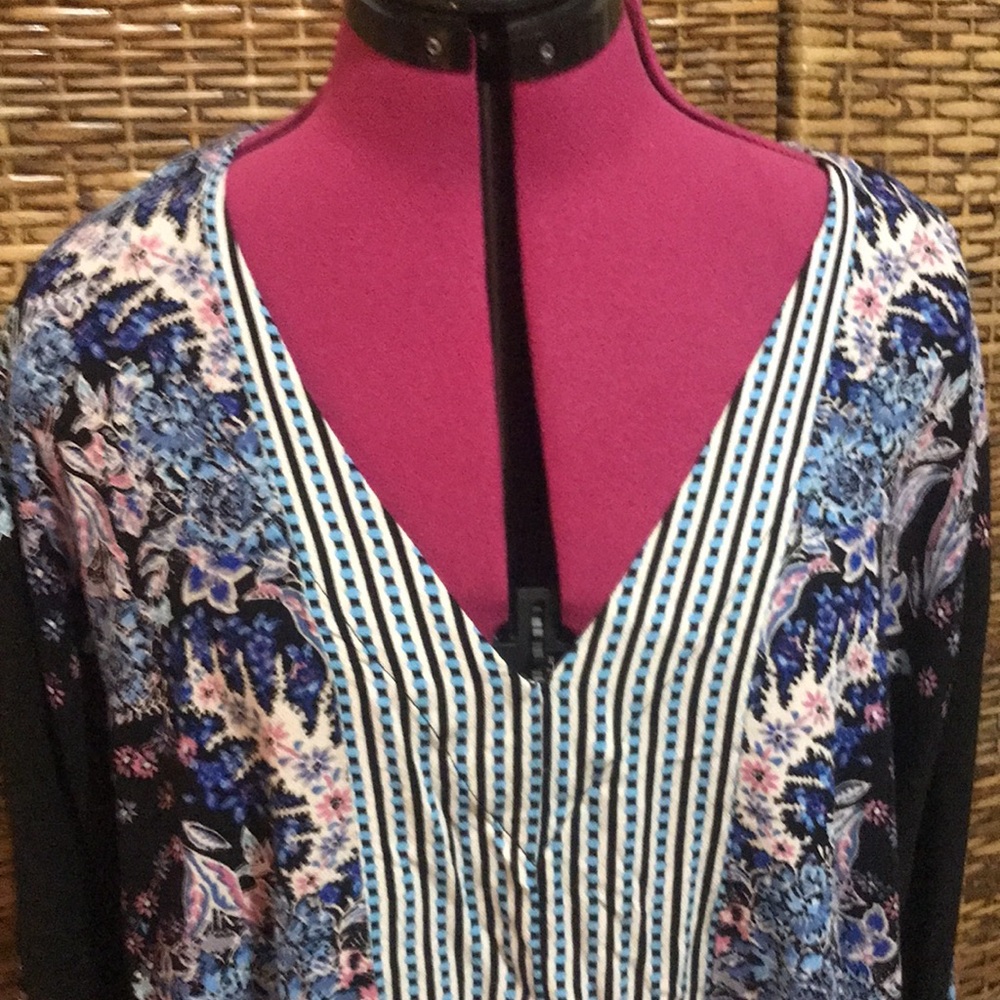 EUC Free People Blue black pink stripe polkadot floral V-neck crop Top blouse S - Picture 3 of 8